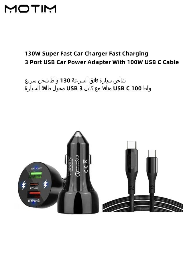 130W Super Fast Car Charger Fast Charging 3 Port USB Car Power Adapter With 100W USB C Cable Car Fast Charger Port for Macbook Laptops Tablets iPhone Samsung Huawei Xiaomi etc