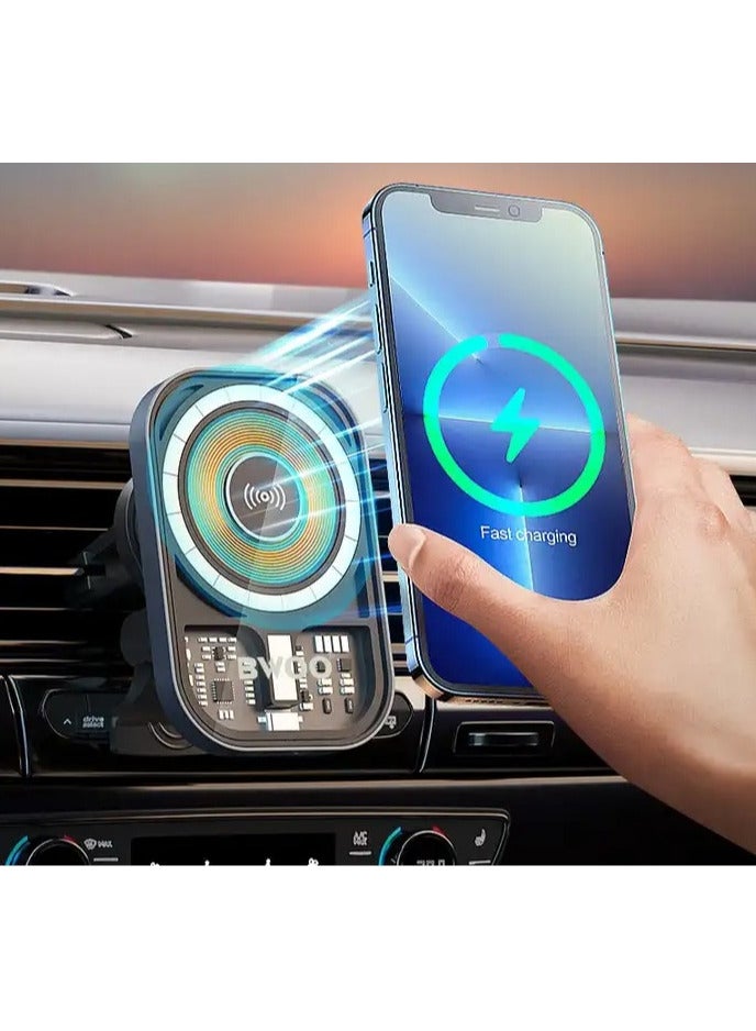 BWOO 15W MagSafe Design Wireless Car Charger for iPhone with Transparent Magnetic Design