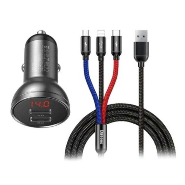 Dual USB Car Charger With 3-In-1 Cable Grey