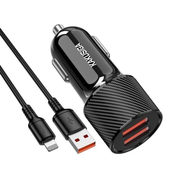 KSC-673 USB To Lightning Adaptive Fast Charging Dual Port Car Smart Charger Set