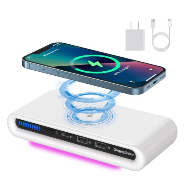 USB C Charging Station for Multiple Devices Fast Wireless Charger 5 in 1 Charging Dock with Bottom Seven-Color Light