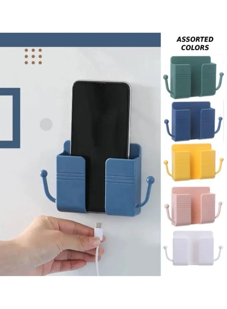 1-Piece Wall Mount Mobile Phone Charging Holder Storage Organizer With Hooks For Storing Small Objects - Assorted