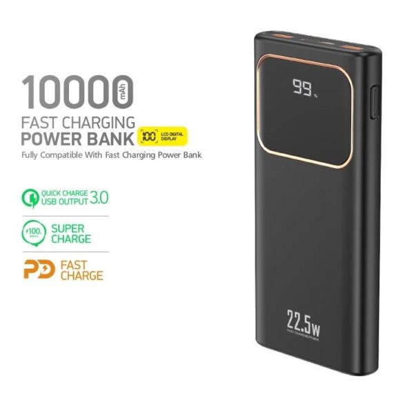 10000mAh Super Fast Charging With Dual USB Output Type C In-out & Micro Input With LED Display Power Bank - Black