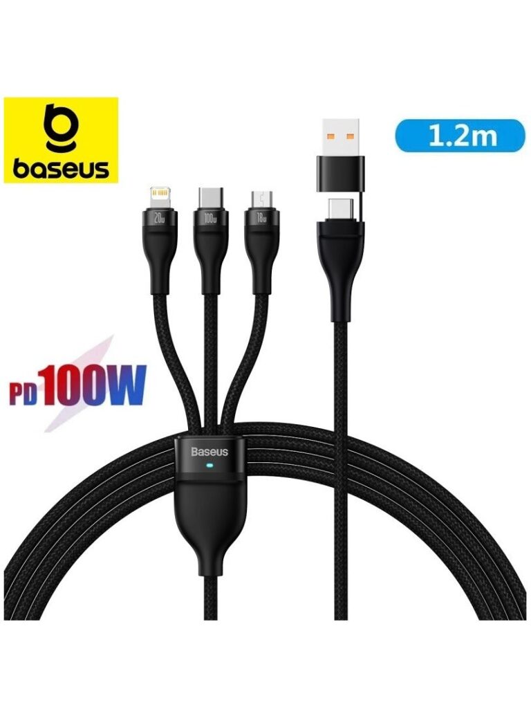 100W Flash Series Multi Charging (1.2M) 4 In 1 Cable Fast Charging USB Type C Micro USB And USB To Lightning Cable Compatible For iPhone 15/14/13/12/11 Series/MacBook/iPad/Samsung/Huawei And More Black