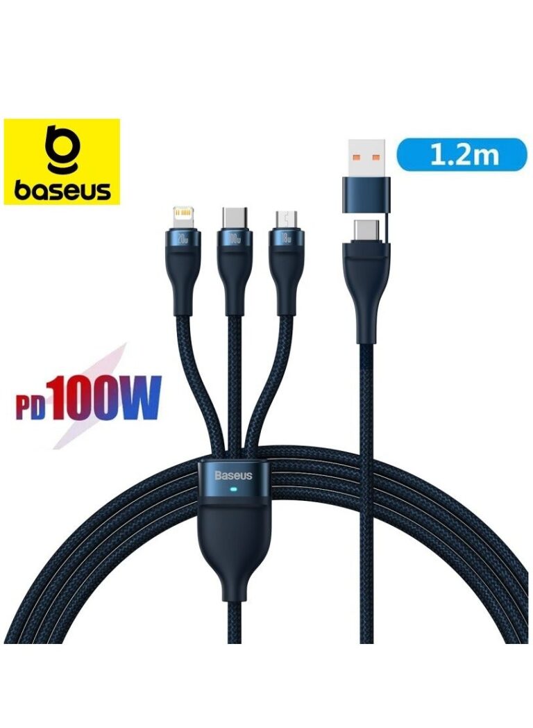 100W Flash Series Multi Charging (1.2M) 4 In 1 Cable Fast Charging USB Type C Micro USB And USB To Lightning Cable Compatible For iPhone 15/14/13/12/11 Series/MacBook/iPad/Samsung/Huawei And More Blue