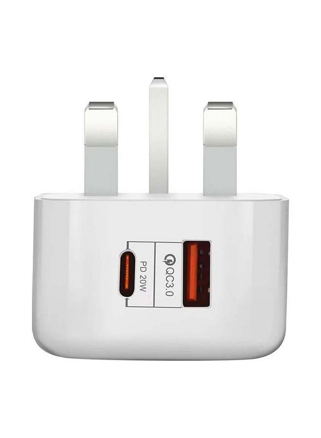 20W Type C Dual Port Wall Charger Travel Power Adapter - UK Plug White