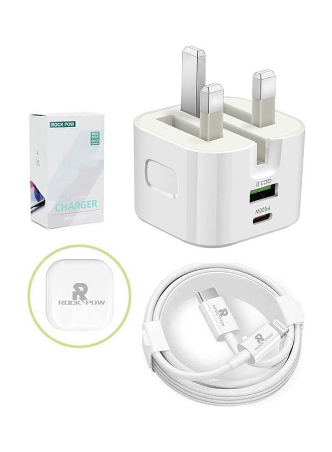 20W UK Type C Fast Charger Adapter with Lightning Cable White