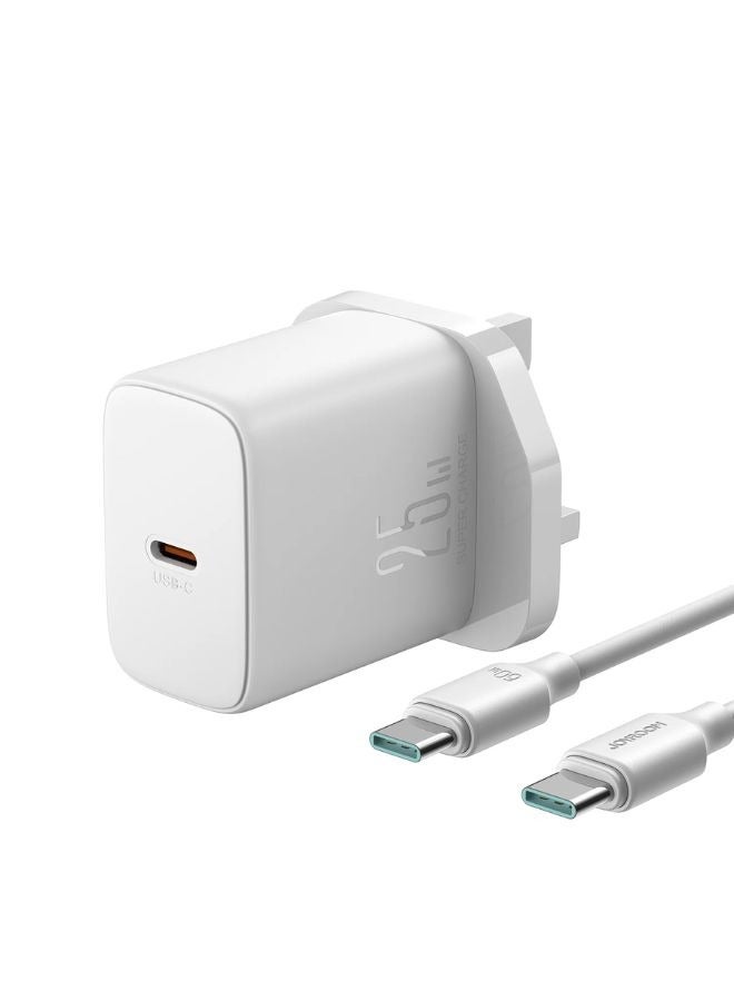 25W Fast Charger USB-C 3-Pin Power Adapter (UK Plug) With C-C Cable 1M White