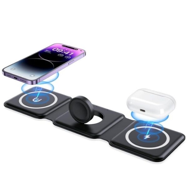 3 in 1 Foldable Wireless Charger Magnetic  Mag-Safe Charger Fast Travel Wireless Charging Station For Mobile Phone Watch Earphones(Black）