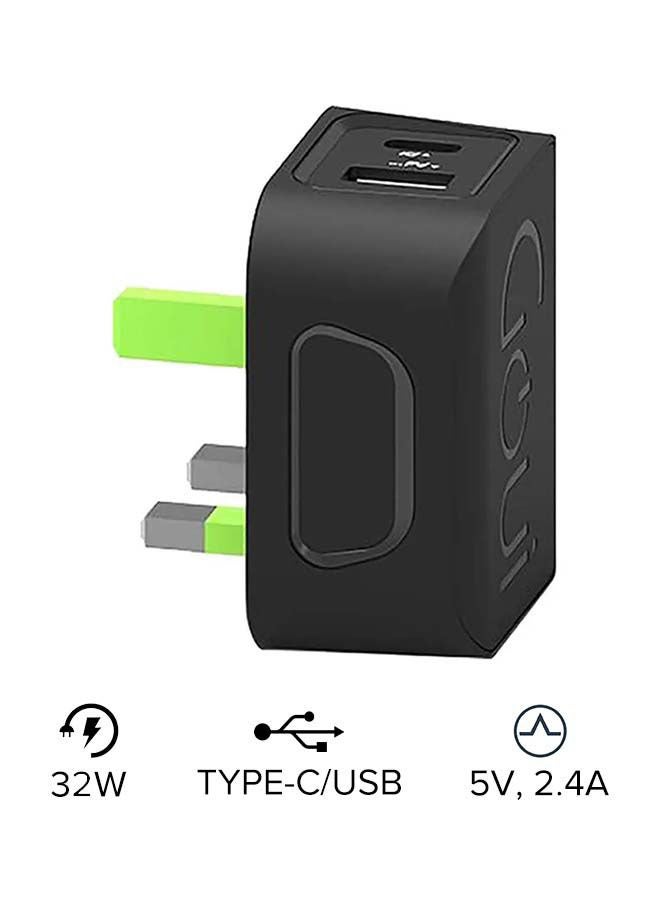 32W Spot PD Technology And Auto Detection Wall Charger - Black/Green