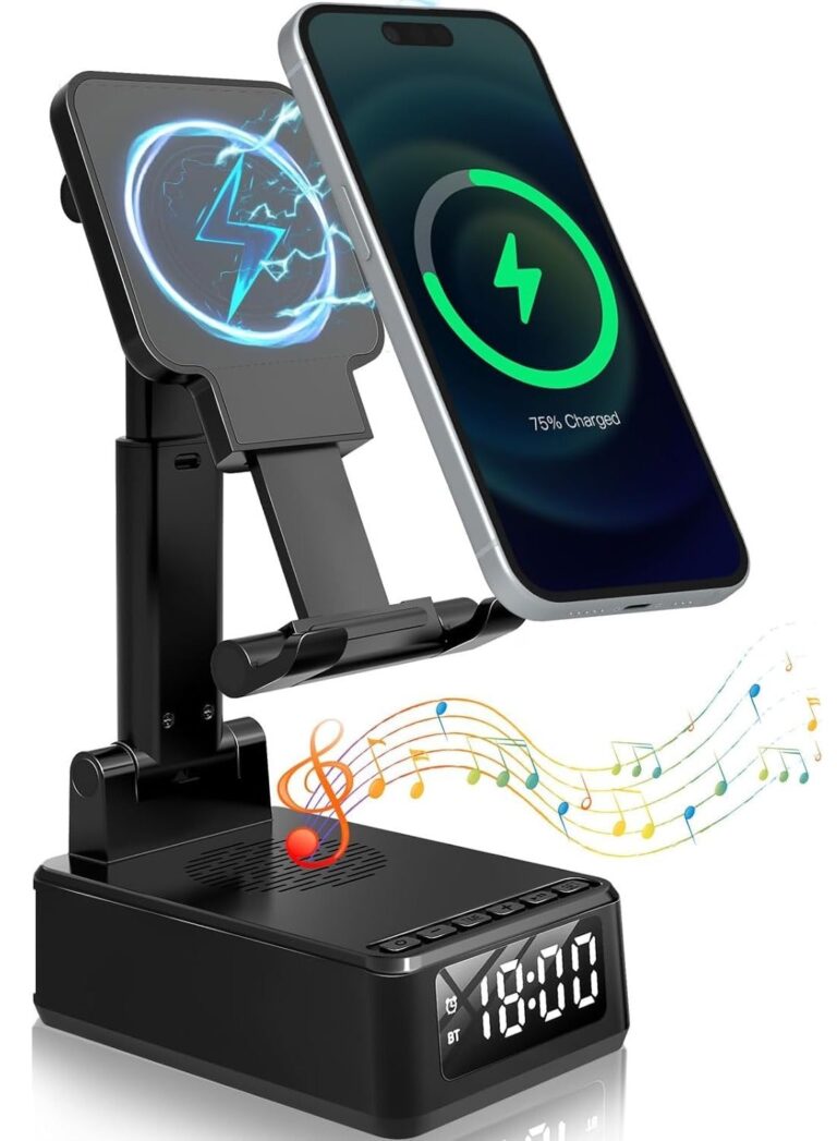 4 in 1 Bluetooth Speaker Wireless Charger Digital Alarm Clock Phone Stand Holder Compatible for iPhone/Samsung/iPads Tablets