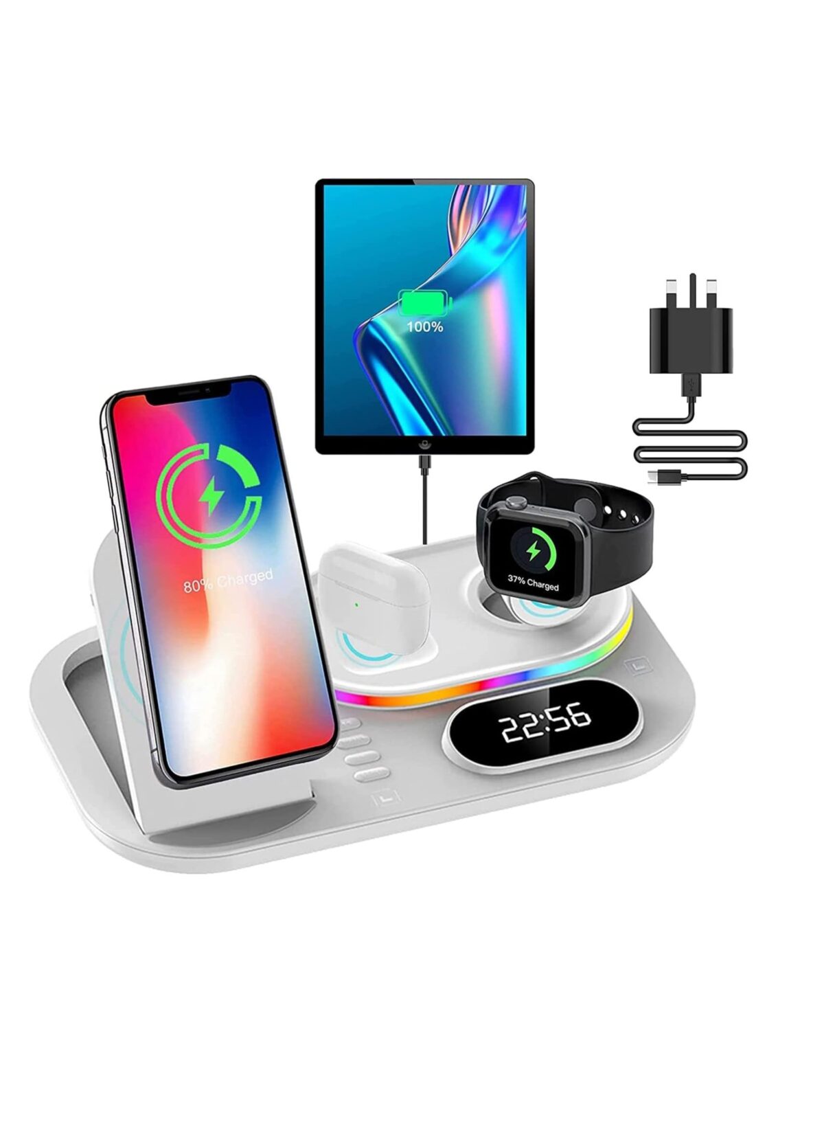 4 in 1 Wireless 30W Fast Charger Station with Digital Clock and Night Light Fast Wireless Charging Compatible with all wireless devices