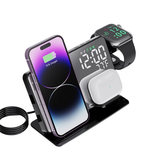 4-in-1 Wireless Charging Station with Digital Alarm Clock and Temperature Gauge - Compatible with iPhone 15/14/13/12