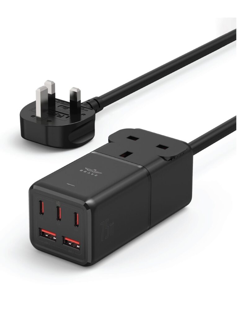 5-in-1 Power Extension Cord 75W GaN Series with USB 3x USB-C PD 2x USB-A QC 3.0 Fast Charger Adapter 1-Way UK Plug Socket Outlet Quick Charging Surge Protector 1.8M Cable- Black