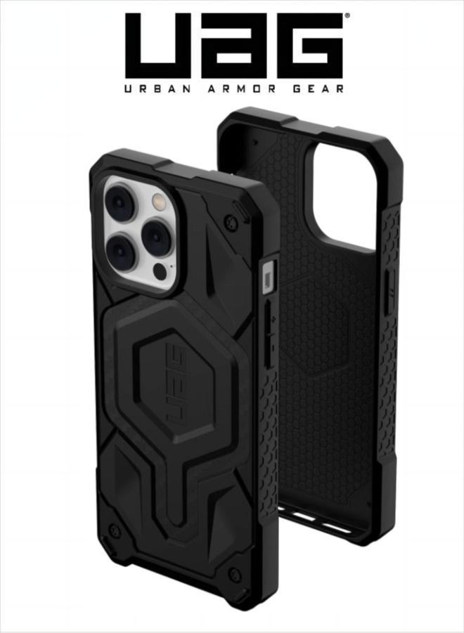 Apple iPhone 13 Pro Max Case Carbon Fiber 6.7" Monarch Pro Build-in Magnet Compatible with MagSafe Charging Rugged Shockproof Dropproof Premium Protective Cover - Black