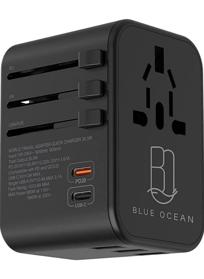 BLUE OCEAN 35.5W Quick Charge Travel Adapter With 3 USB Ports 1 Type C 3.0A & 1 PD 20W QC 3.0 Universal Travel Adapter One Adapter For Phones and devices World Power Socket Plugs With Pouch