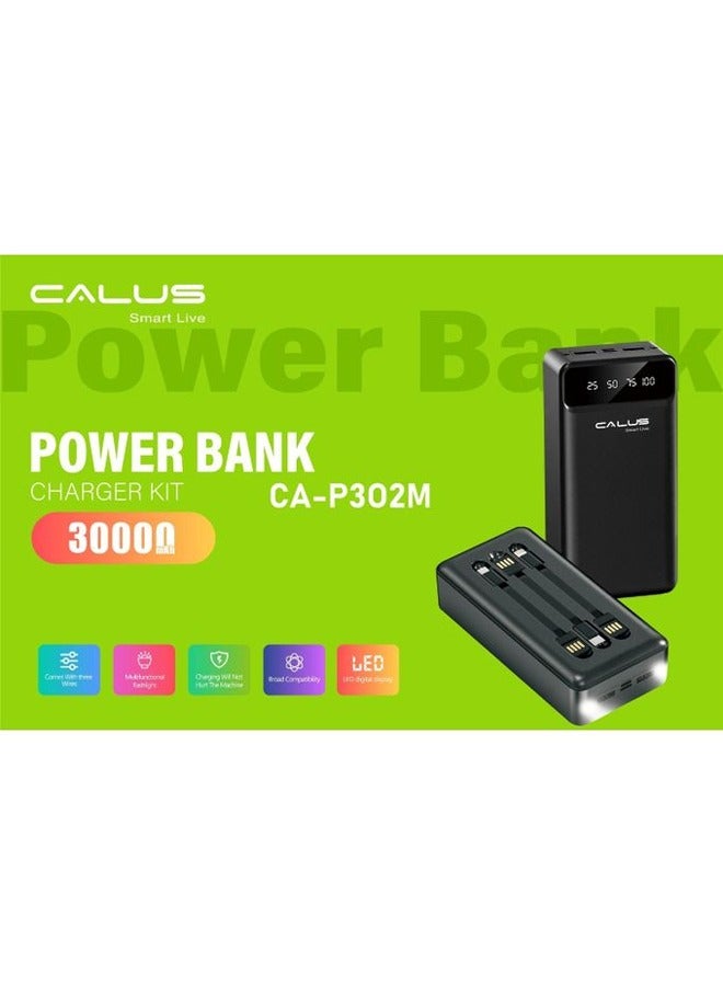 Calus Portable Charger With Fast Charging External Battery Pack 30000 mAh Power Bank Pocket LED Digital Display Built-in 3 Charging Cable for Outdoor Camping Black