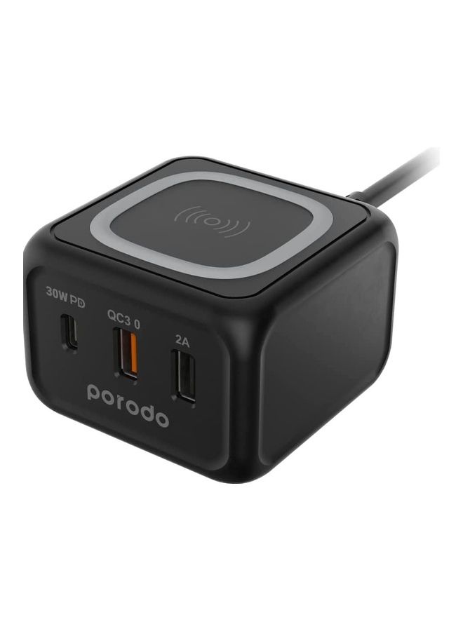 Desktop Charger With 3-Ports 15W Fast Wireless 1M Cable Smart Design Black