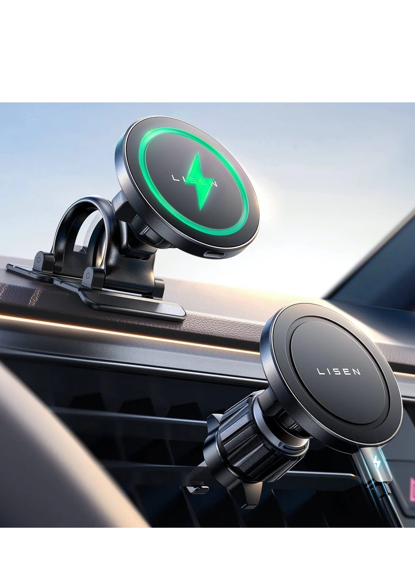 LISEN MagSafe Car Wireless Charging Mount for iPhone - Air Vent and Dashboard Holder in One Pack