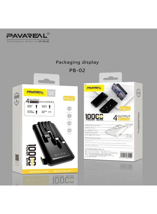 Pavareal Power Bank PB02 10000mAh with 4 output Cables Quick charge mirror self wired power banks