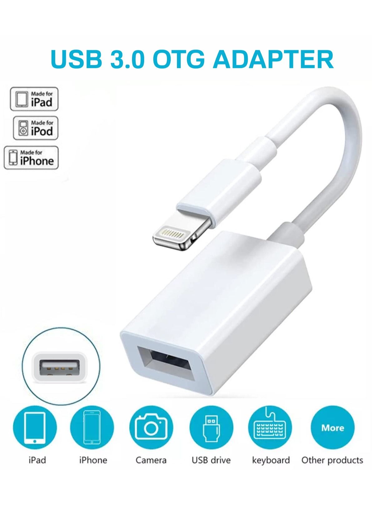 Plug & Play Lightning to USB 3.0 Camera Adapter OTG Connector Compatible with iPhone/iPad Supports Connecting Card Reader/Keyboard/Mouse/USB Flash Drive