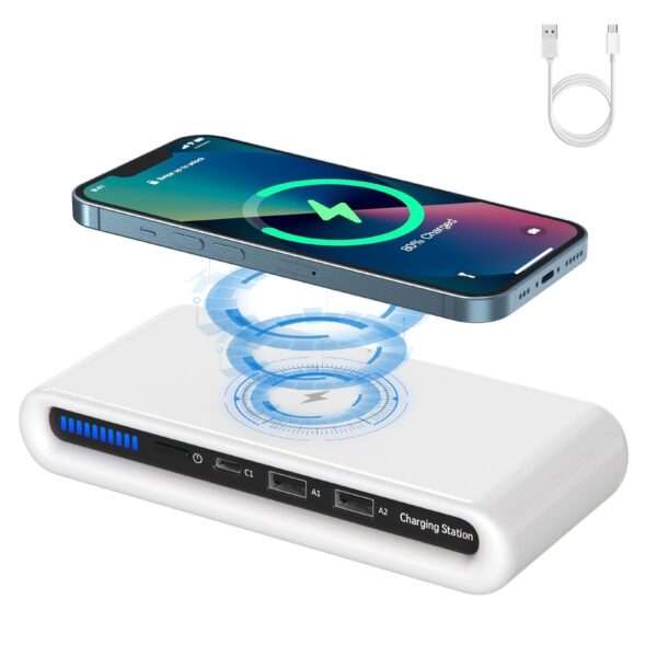 Portable Wireless Charger 4-in-1 Multiport Wireless Charger Qc3.0 Fast Charge Dual USB Wireless Charger Home Trave Desktop Mobile Phone Wireless Charger Power Bank Compatible with iOS/Android