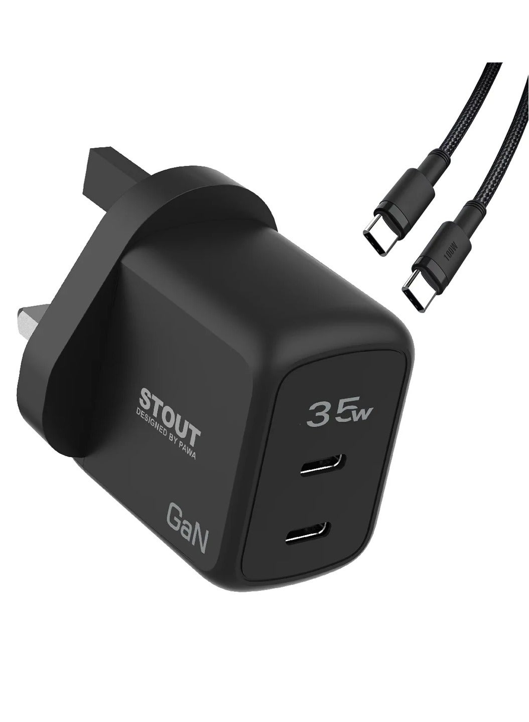 Stout GaN Travel Charger 35W UK Standard with Type-C to Type-C