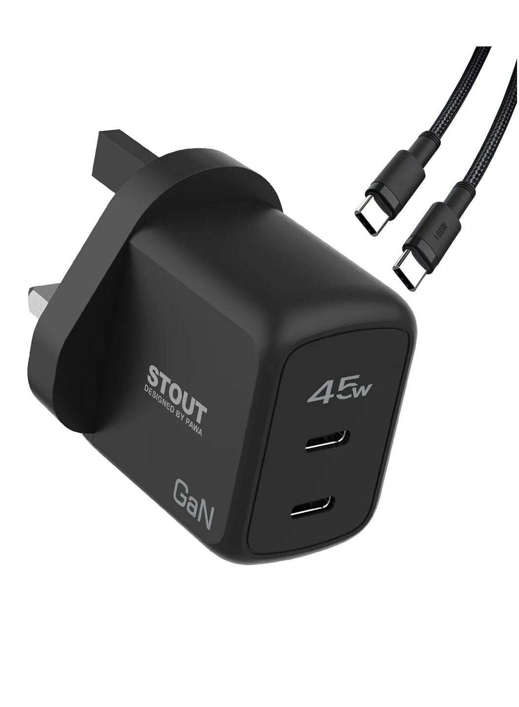 Stout GaN Travel Charger 45W UK Standard with Type-C to Type-C