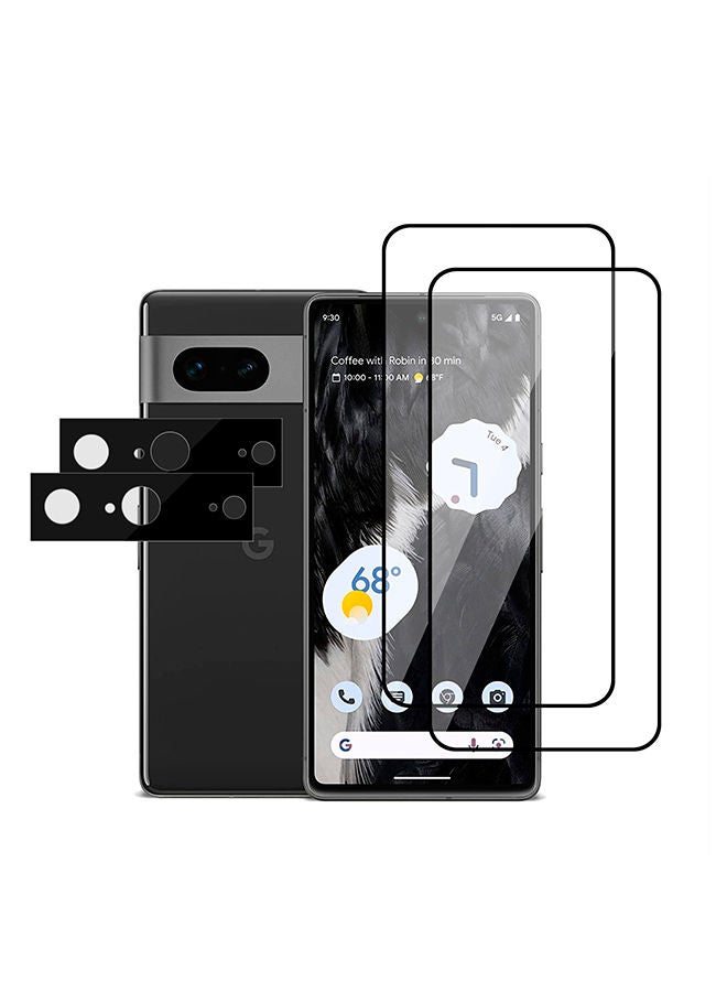 Tempered Glass Screen Protector with Lens Protector for Google Pixel 7 Shock Proof Bubble Free HD Scratch Resistant Full Screen Coverage - Pack of 4 - Black