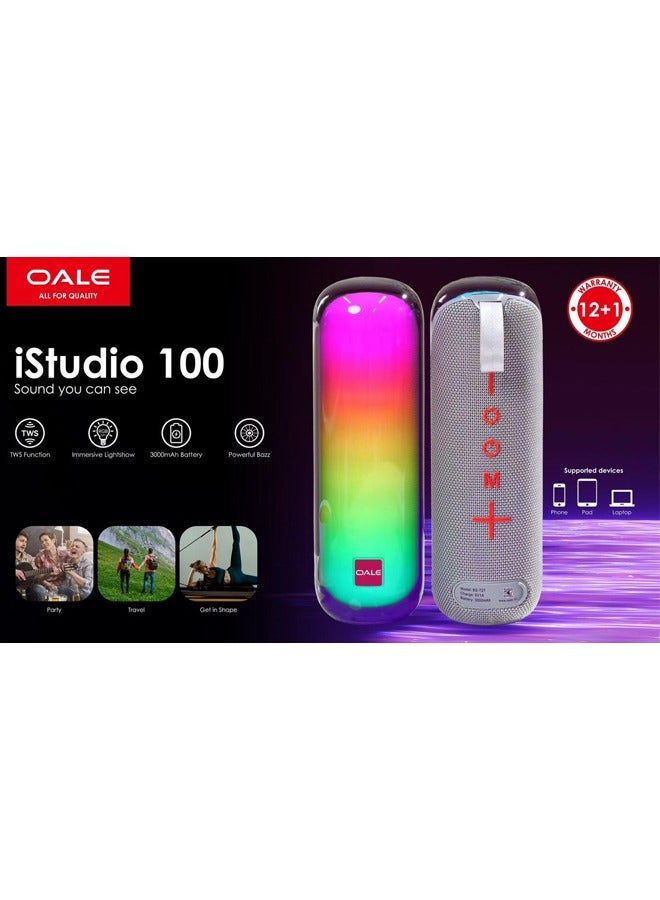 iStudio 100 Wireless Bluetooth Speaker RGB Lighting Long Range Rechargeable Sound & Bass Carry Strap Lightweight for Home Outdoor Stereo